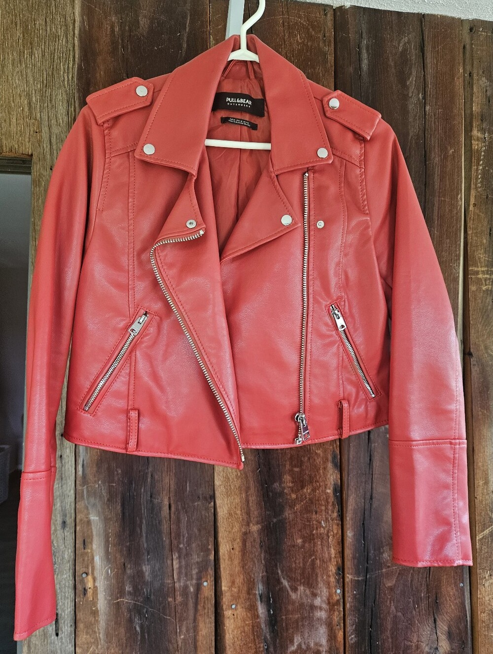 Pull&Bear Red Faux Leather Biker Jacket with Silver Hardware